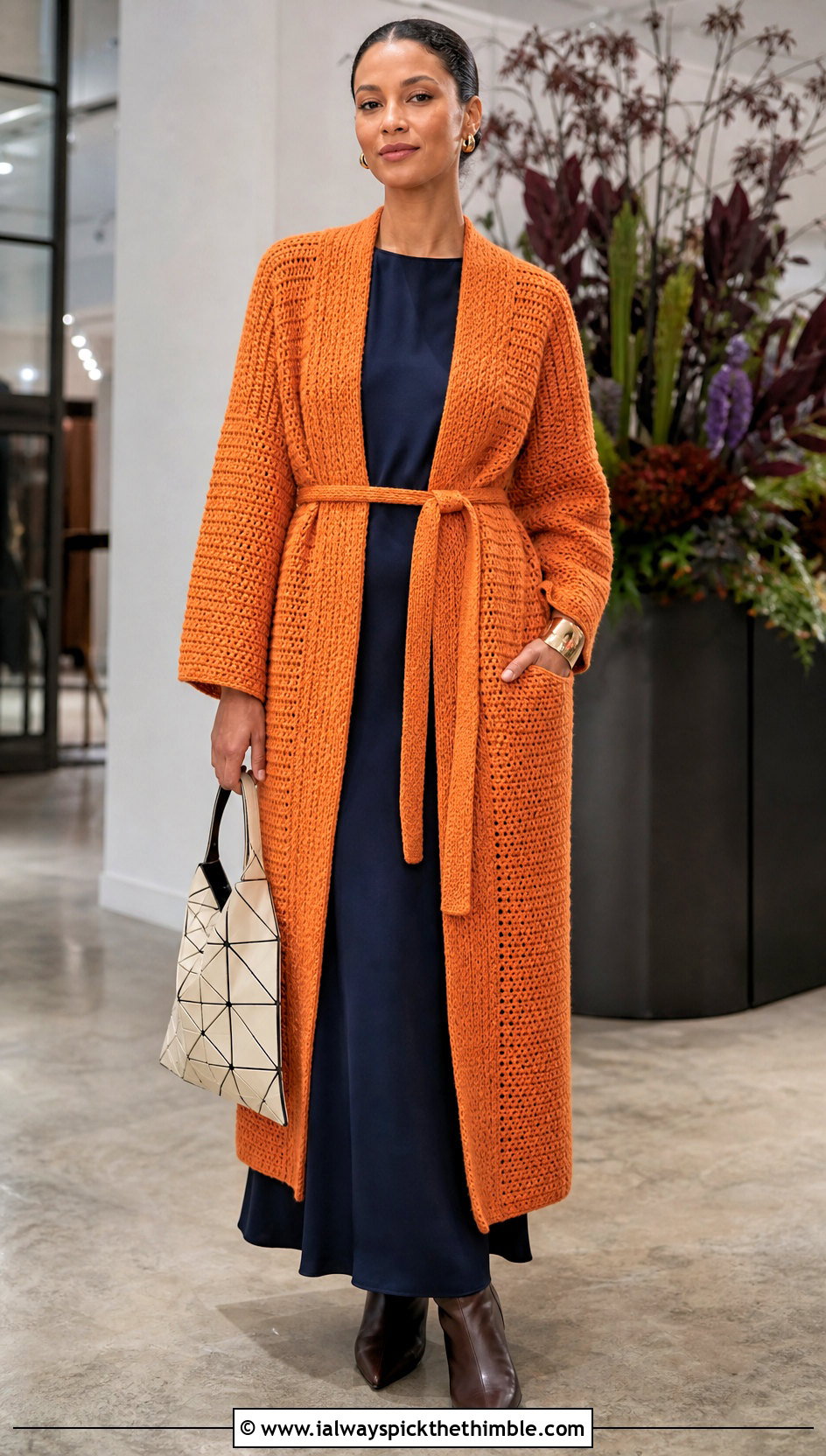 Belted Duster Single Crochet Cardigan With Column Dress - 20 single crochet cardigan outfit ideas