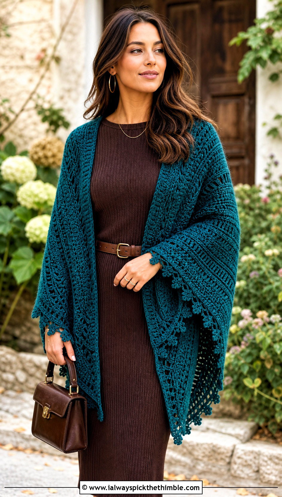 Belted Fall River Crochet Shawl With a Knit Midi Dress - 20 Fall River Crochet Shawl outfit ideas