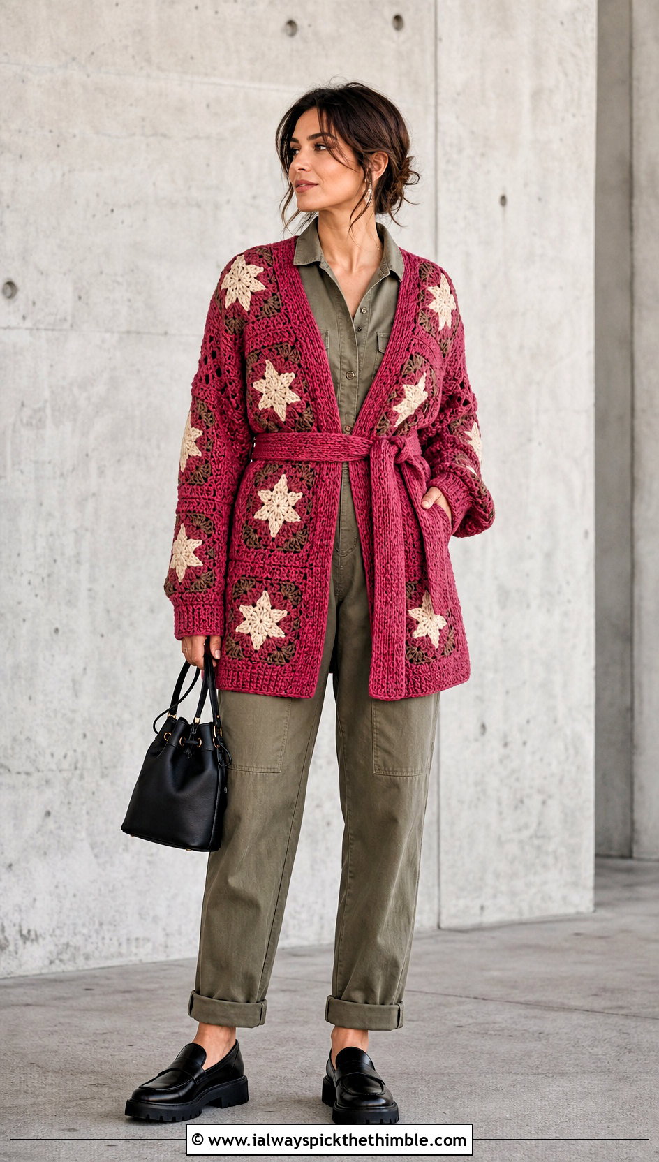 Belted Folklore Crochet Cardigan With Utility Jumpsuit - 20 Taylor Swift Folklore Crochet Cardigan outfit ideas