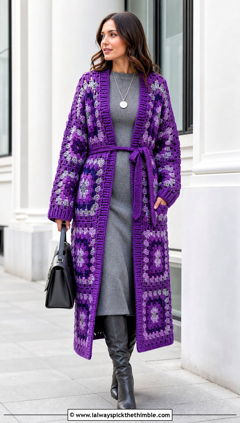 Belted Giant Granny Square Cardigan With Knit Midi Dress - 25 giant granny square cardigan outfit ideas