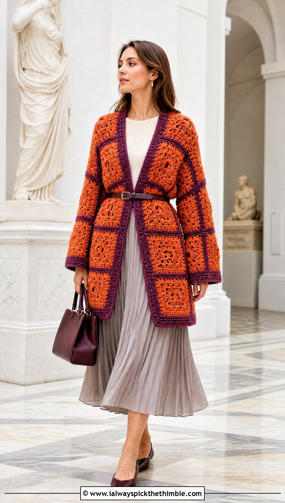 Belted Giant Square Cardigan With Pleated Midi Skirt - 25 Big Granny Square Cardigan outfit ideas