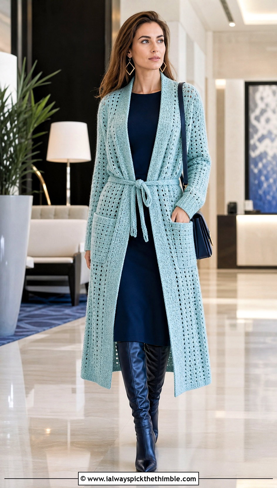 Belted Grandpa Crochet Cardigan With Column Dress - 15 Grandpa Crochet Sweater outfit ideas