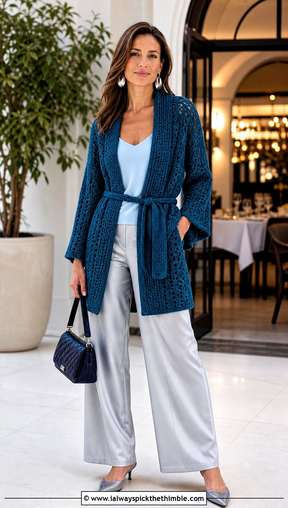 Belted Grandpa Crochet Cardigan With Satin Trousers - 20 grandpa crochet cardigan outfit ideas