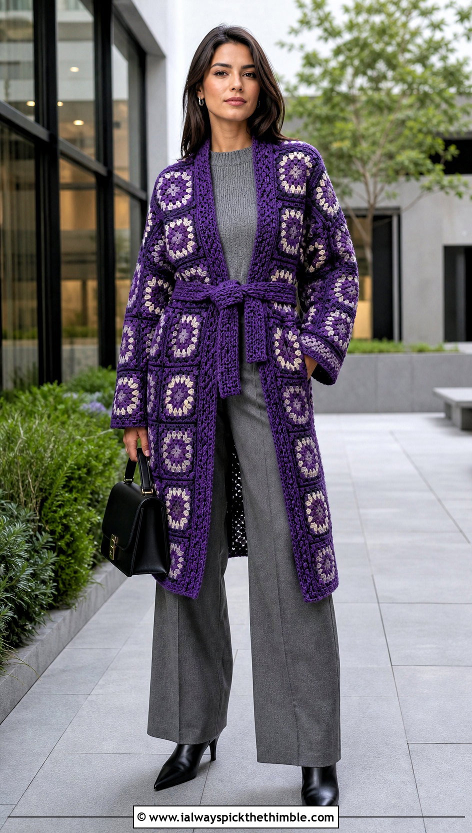 Belted Granny Square Afghan Coat With Wide Leg Trousers - 15 crochet granny square afghan style coat cardigan outfit ideas