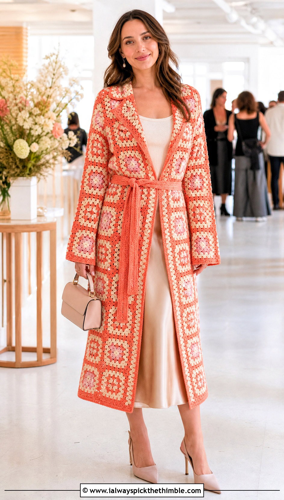 Belted Granny Square Car Coat With Satin Midi Skirt - 15 Granny Square Car Coat outfit ideas