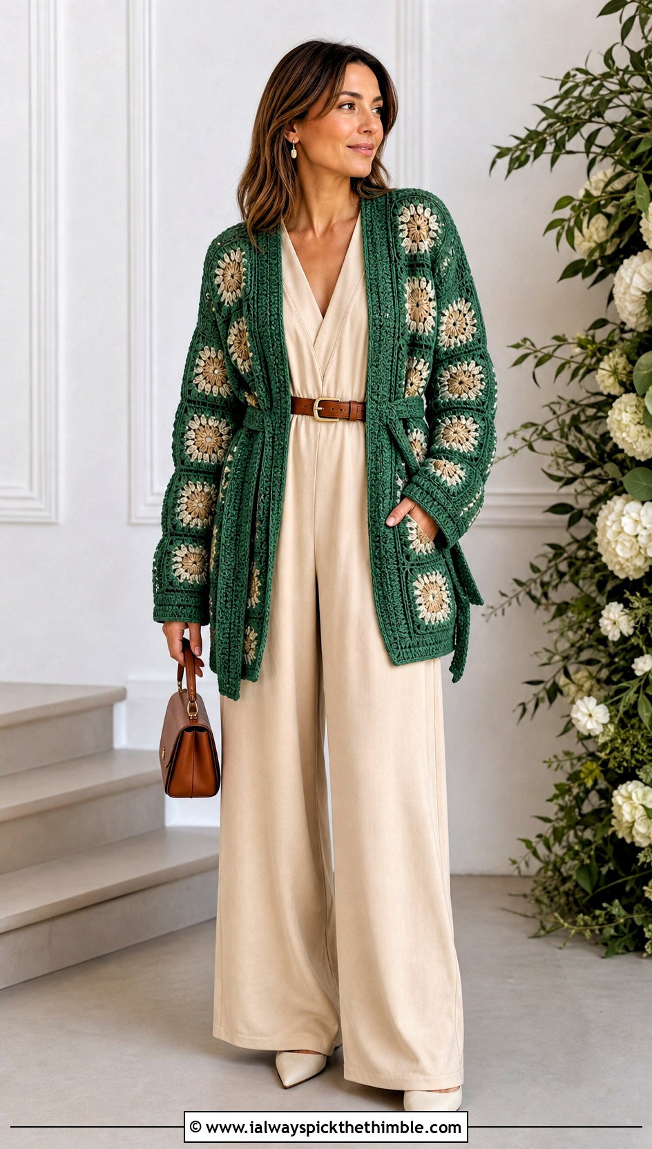 Belted Granny Square Cardigan With Jumpsuit - 25 granny square crochet sweater outfit ideas