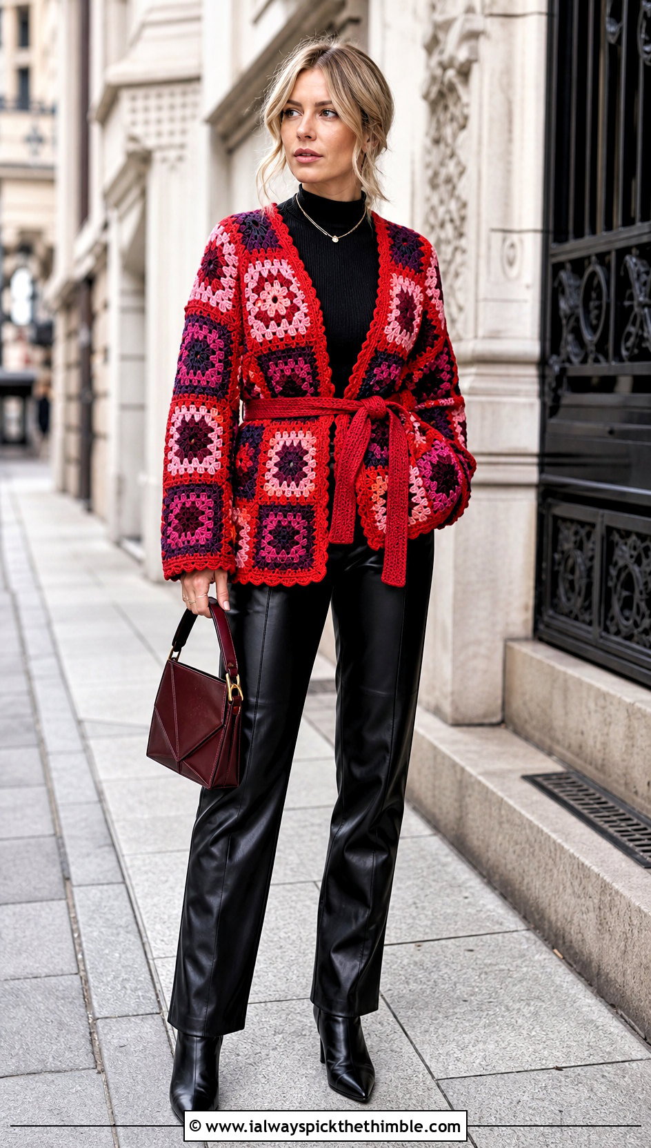 Belted Granny Square Cardigan With Leather Pants - 25 Easy Simple Crochet Granny Square Cardigan outfit ideas