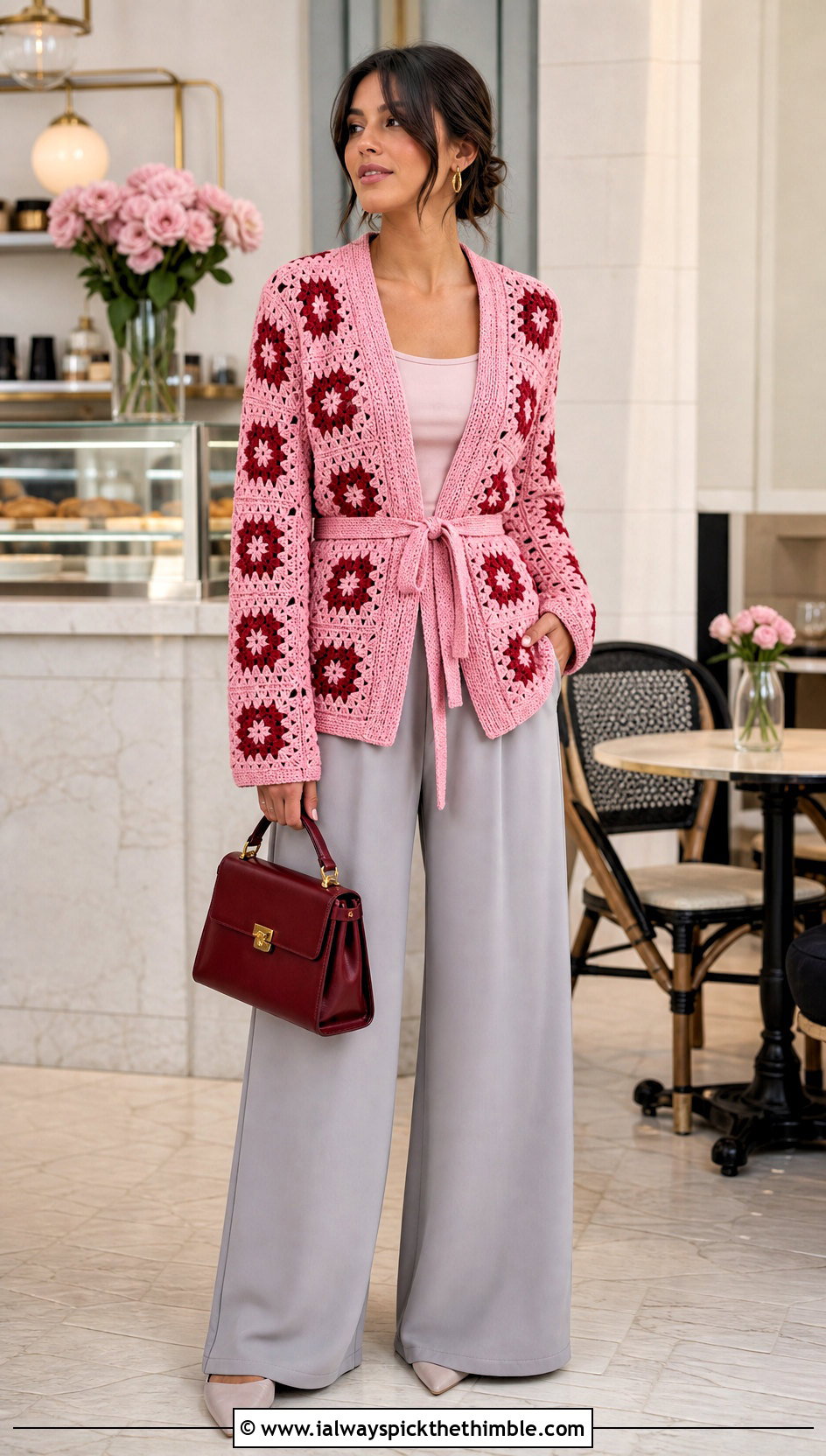 Belted Granny Square Cardigan With Wide Leg Pants - 15 Womens Granny Square Cardigan outfit ideas