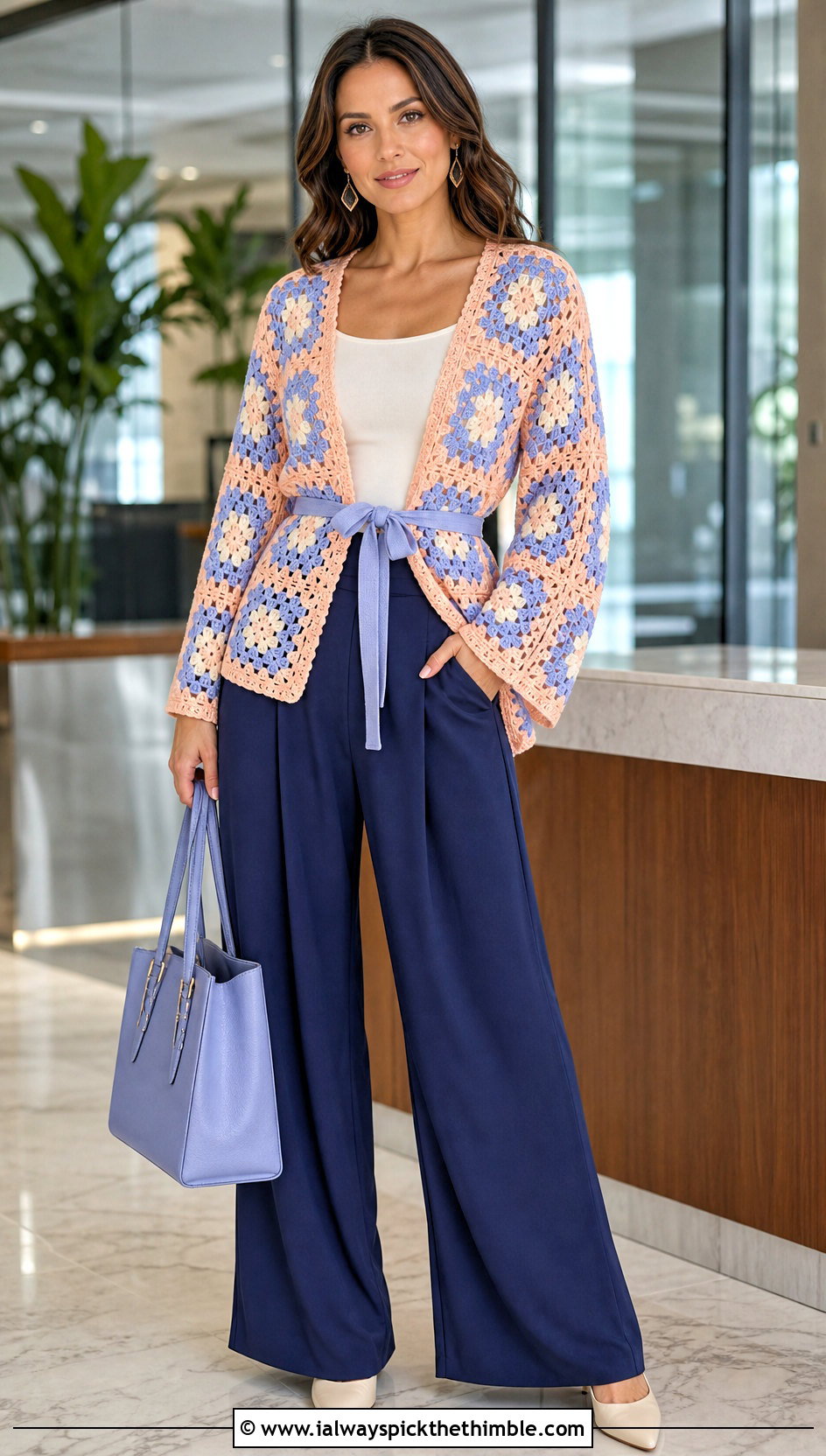 Belted Granny Square Cardigan With Wide Leg Trousers - 20 pastel granny square cardigan outfit ideas