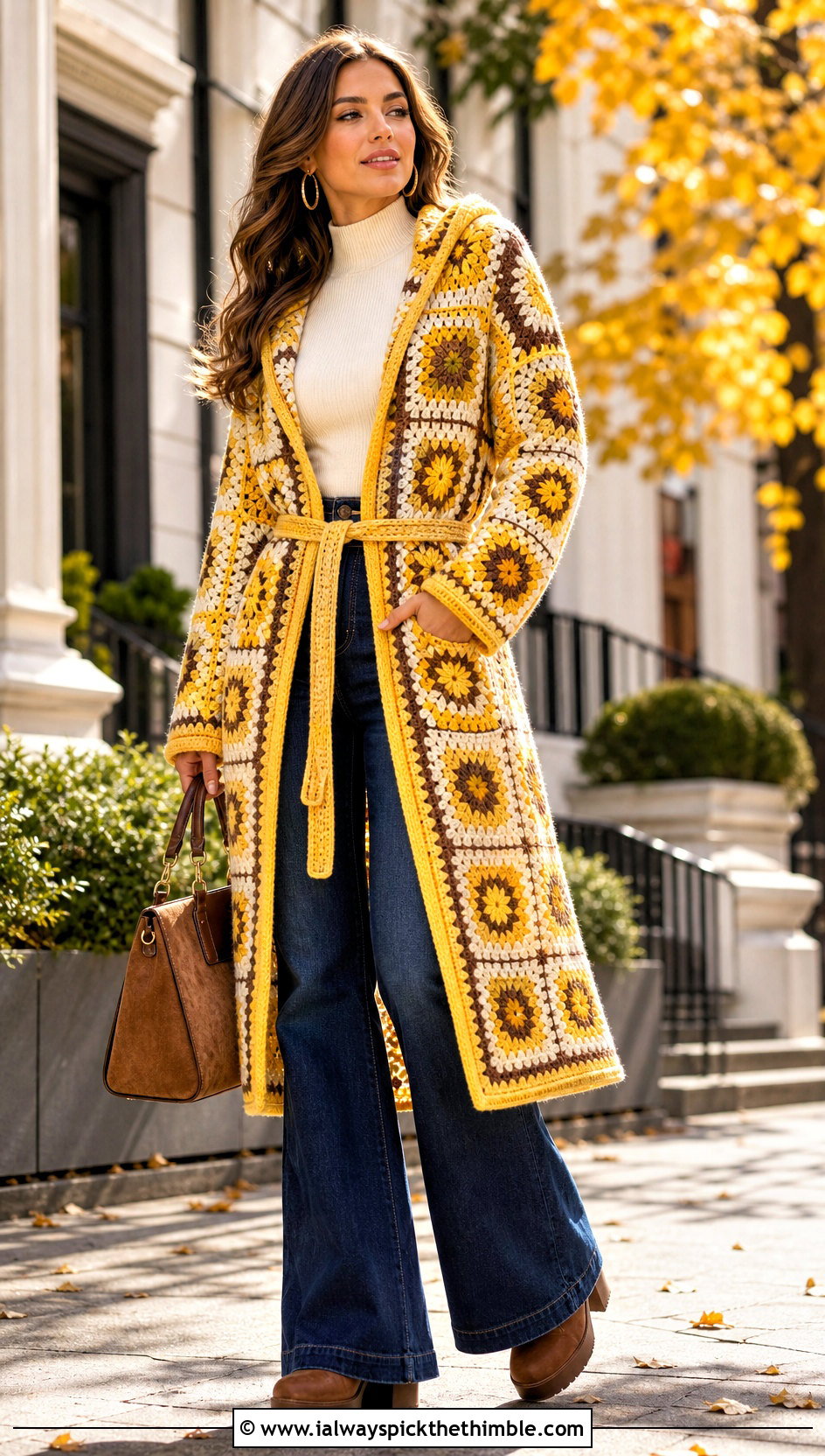 Belted Granny Square Coat Cardigan With Hood And Flared Jeans - 20 granny square cardigan with hood outfit ideas