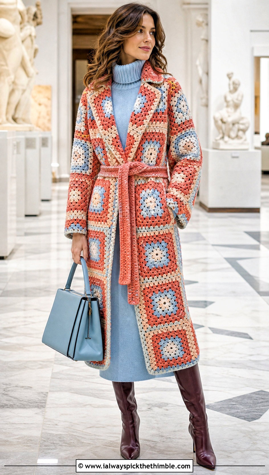 Belted Granny Square Coat With Knee High Boots - 20 granny square jackets outfit ideas