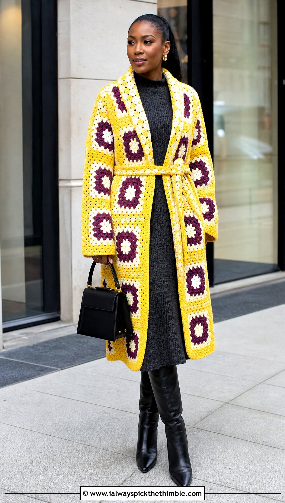 Belted Granny Square Coat With Knit Dress - 20 granny square coat outfit ideas