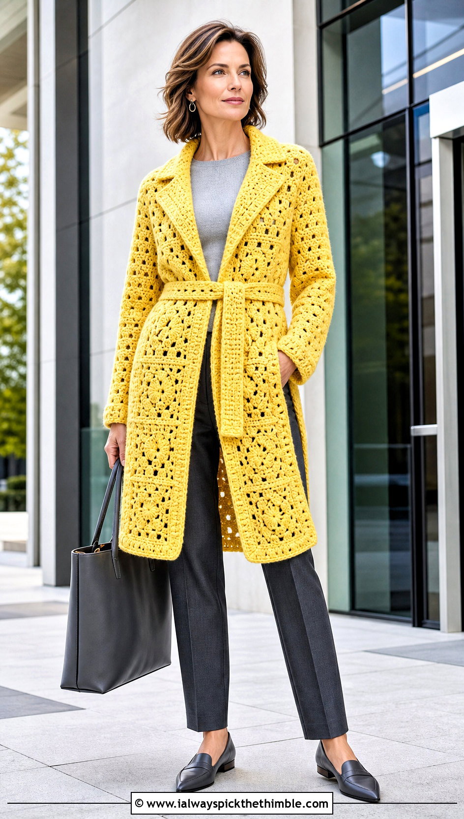 Belted Granny Square Coat With Tailored Trousers - 20 crochet granny square coat outfit ideas