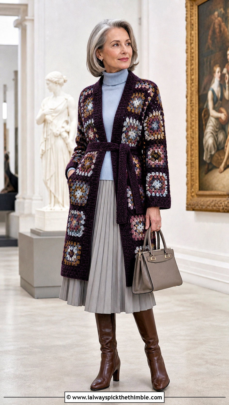 Belted Granny Square Coatigan With Pleated Midi Skirt - 25 granny square crochet cardigan jacket outfit ideas
