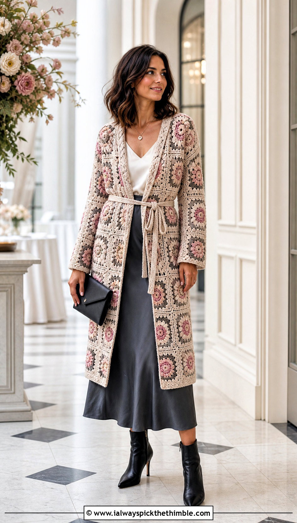 Belted Granny Square Coatigan With Satin Midi Skirt - 20 crochet granny square jacket outfit ideas