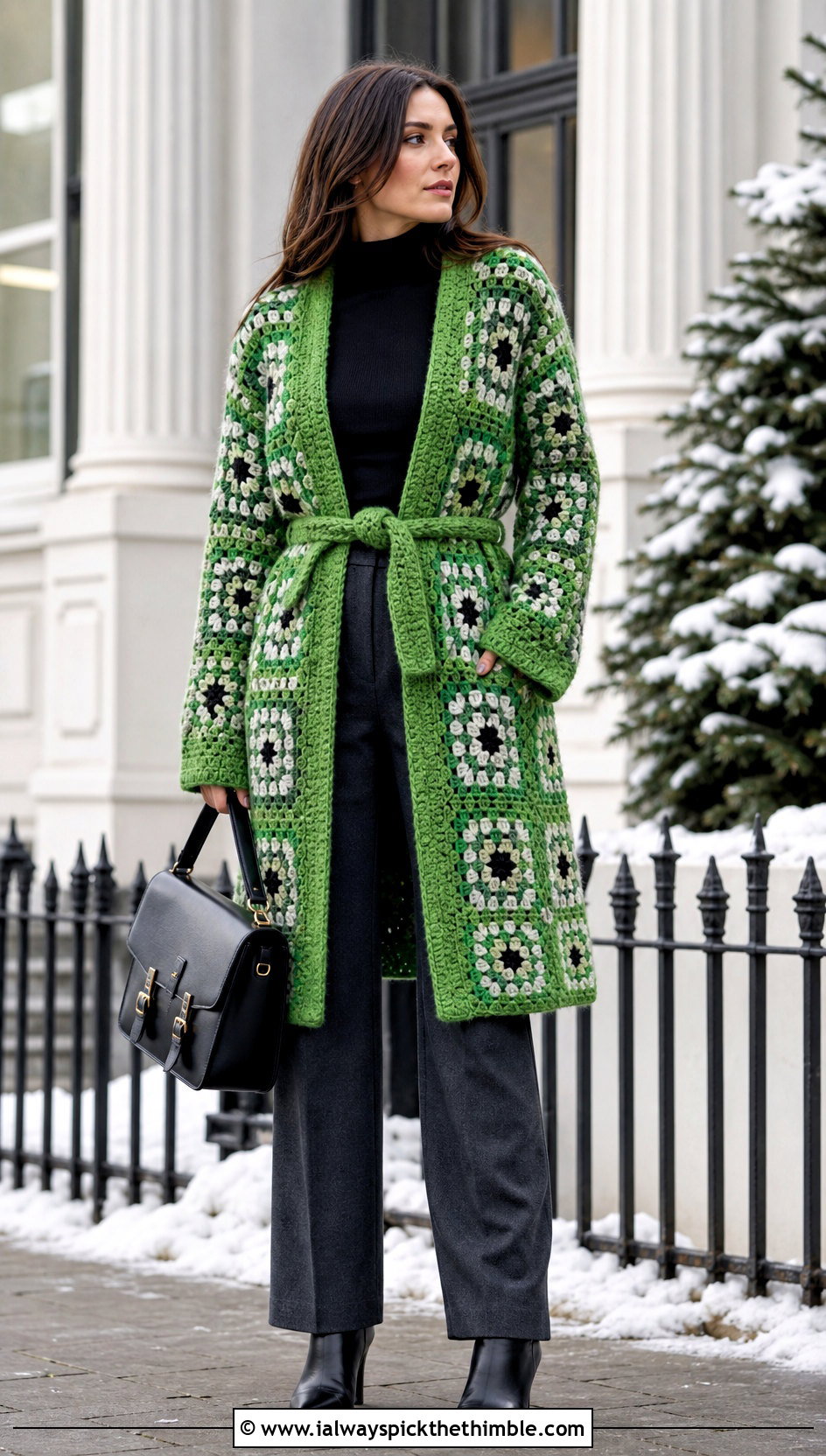 Belted Granny Square Coatigan With Turtleneck And Trousers - 25 granny square cardigan outfit ideas