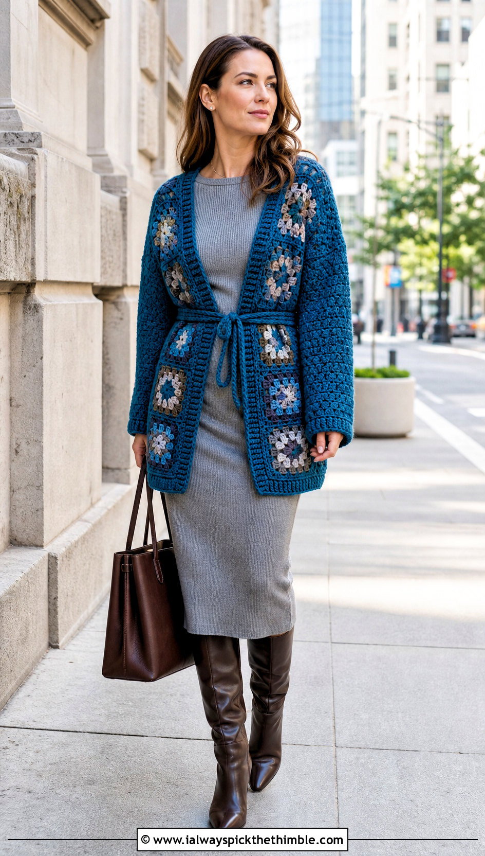 Belted Granny Square Crochet Cardigan With Knit Dress - 25 granny square crochet cardigan outfit ideas
