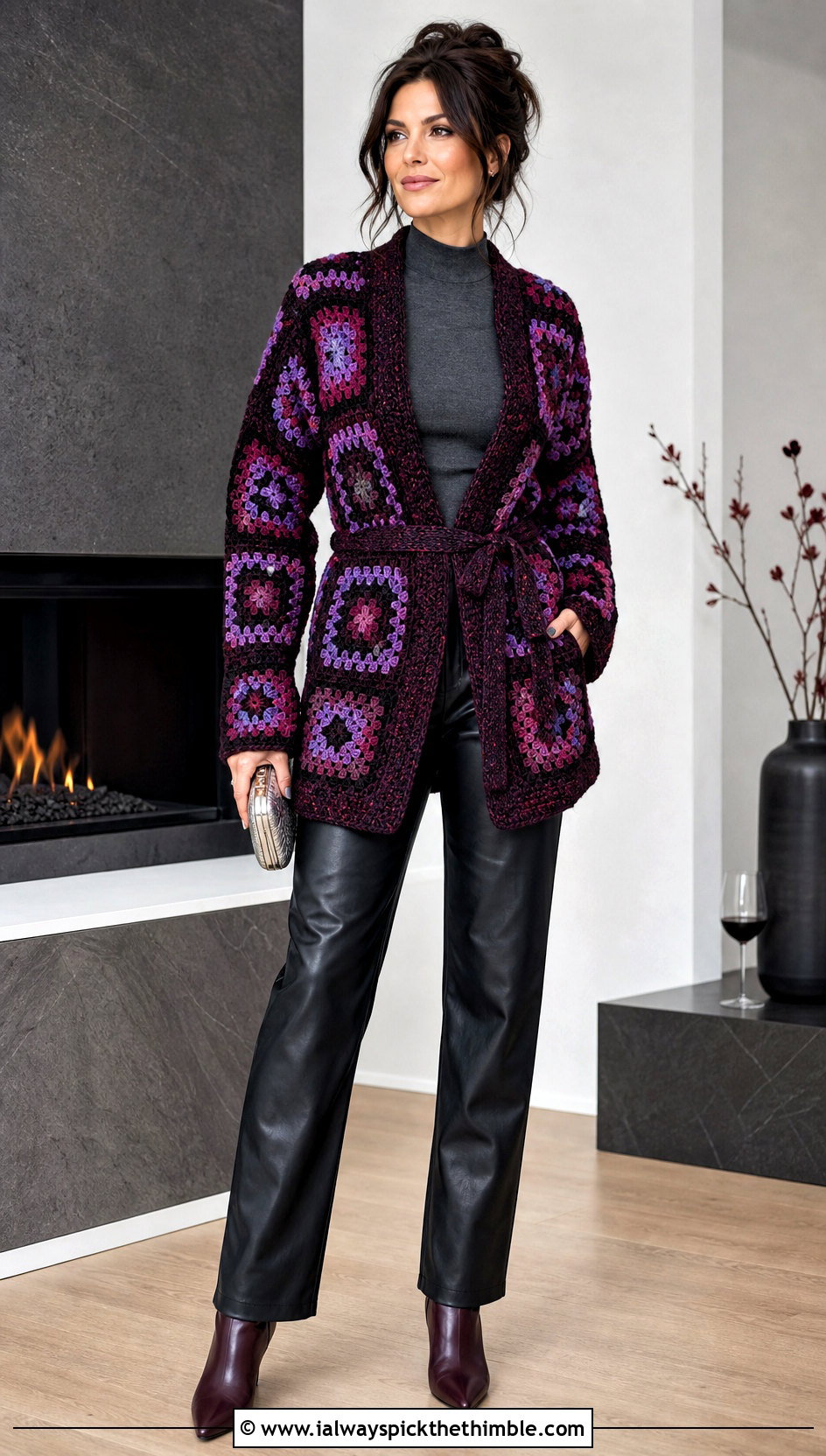Belted Granny Square Crochet Cardigan With Leather Pants - 20 Grant Square Crochet Cardigan outfit ideas
