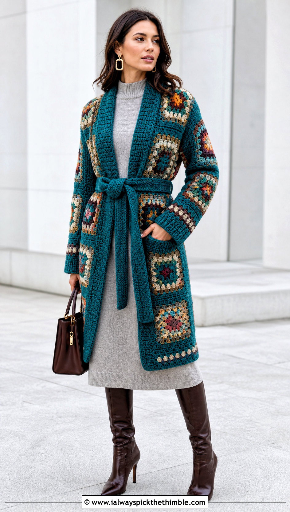 Belted Granny Square Crochet Coat With Knit Midi Dress - 20 Granny Square Crochet Coat outfit ideas