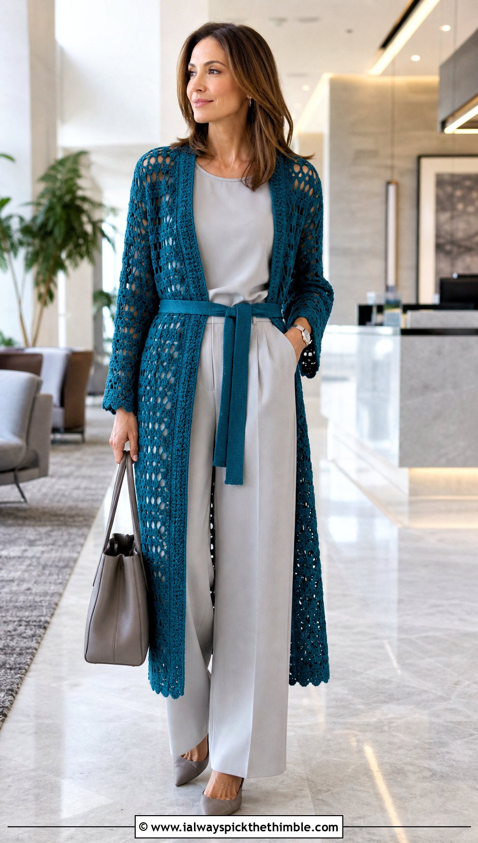Belted Granny Square Crochet Duster With Tailored Trousers - 15 Granny Square Crochet Duster outfit ideas