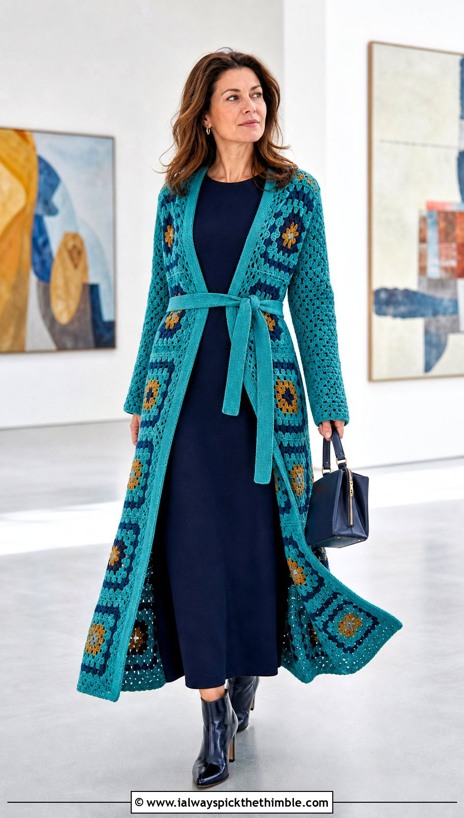 Belted Granny Square Duster Cardigan With Column Dress - 20 boho granny square cardigan outfit ideas