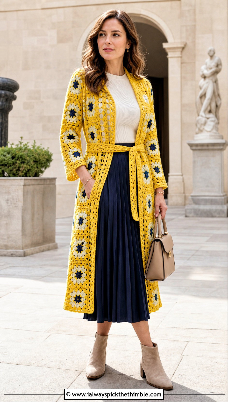 Belted Granny Square Duster With Pleated Midi Skirt - 25 granny square duster outfit ideas