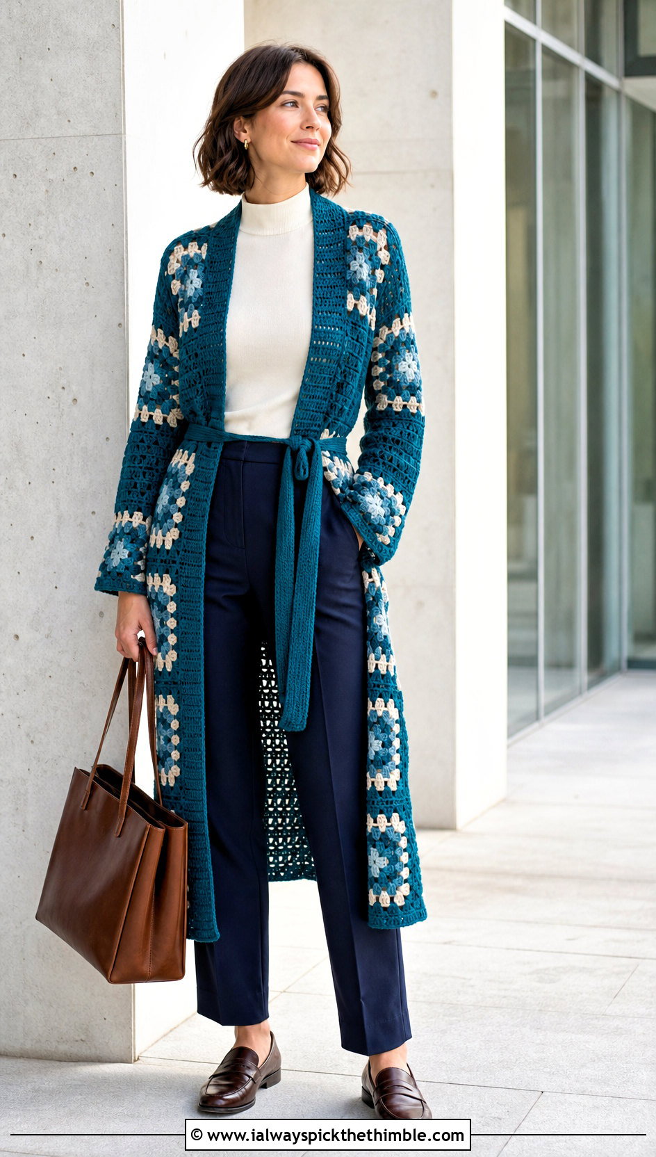 Belted Granny Square Duster With Tailored Trousers - 20 Crochet Granny Square Duster outfit ideas
