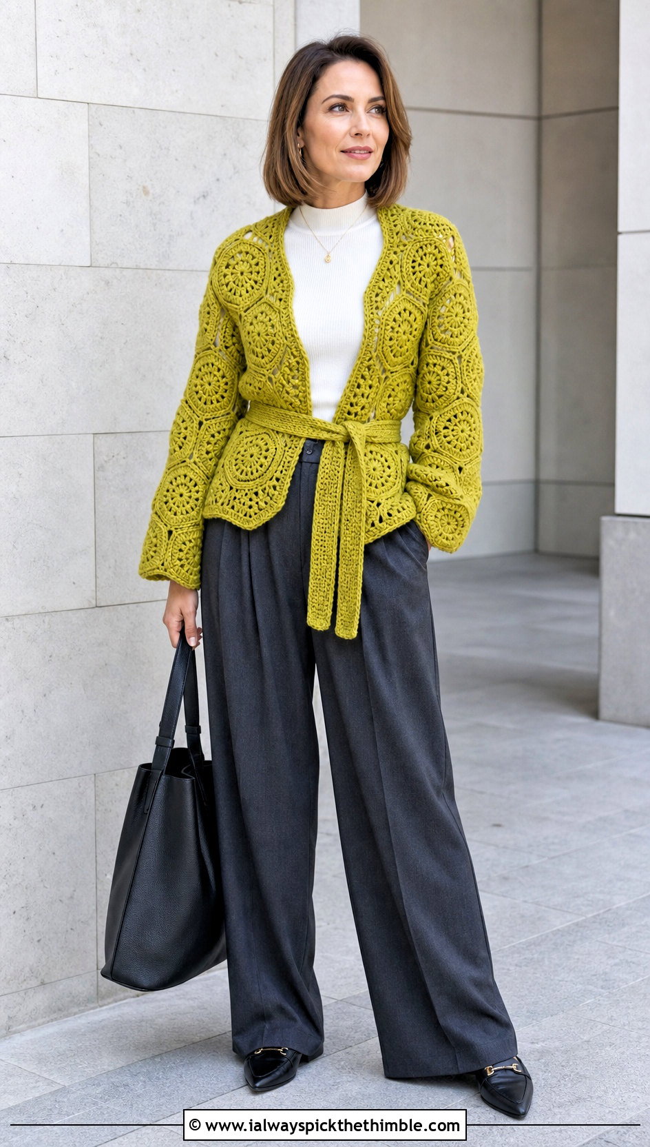 Belted Granny Square Hexagon Cardigan With Tailored Trousers - 25 granny square hexagon cardigan outfit ideas