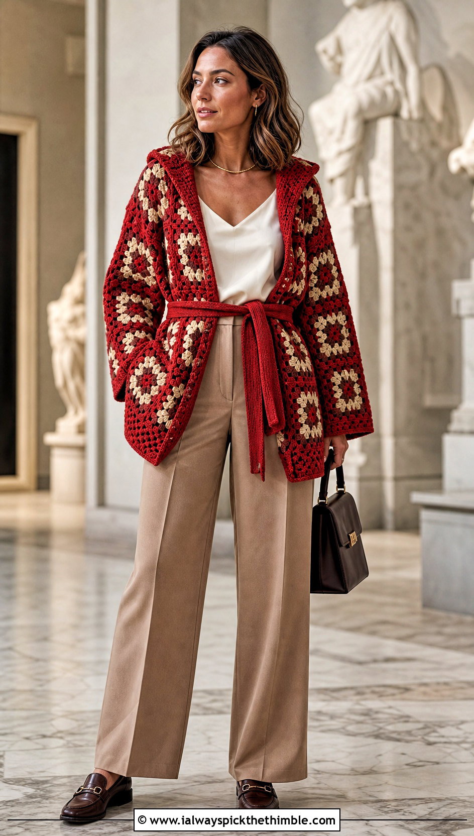 Belted Granny Square Hooded Cardigan With Wide Leg Trousers - 20 Granny Square Hooded Cardigan outfit ideas