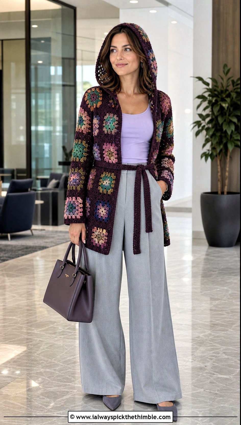 Belted Granny Square Hooded Jacket With Wide Leg Trousers - 20 Granny Square Hooded Jacket outfit ideas