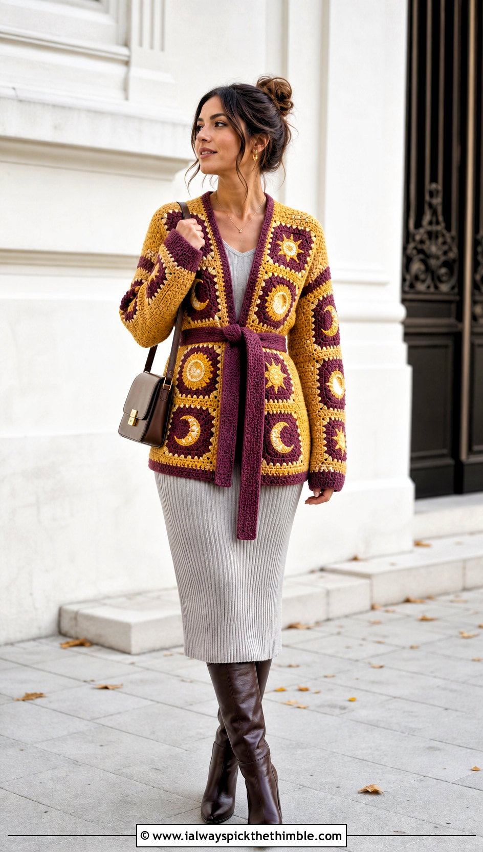 Belted Granny Square Jacket With Knit Dress - 25 granny square jacket outfit ideas
