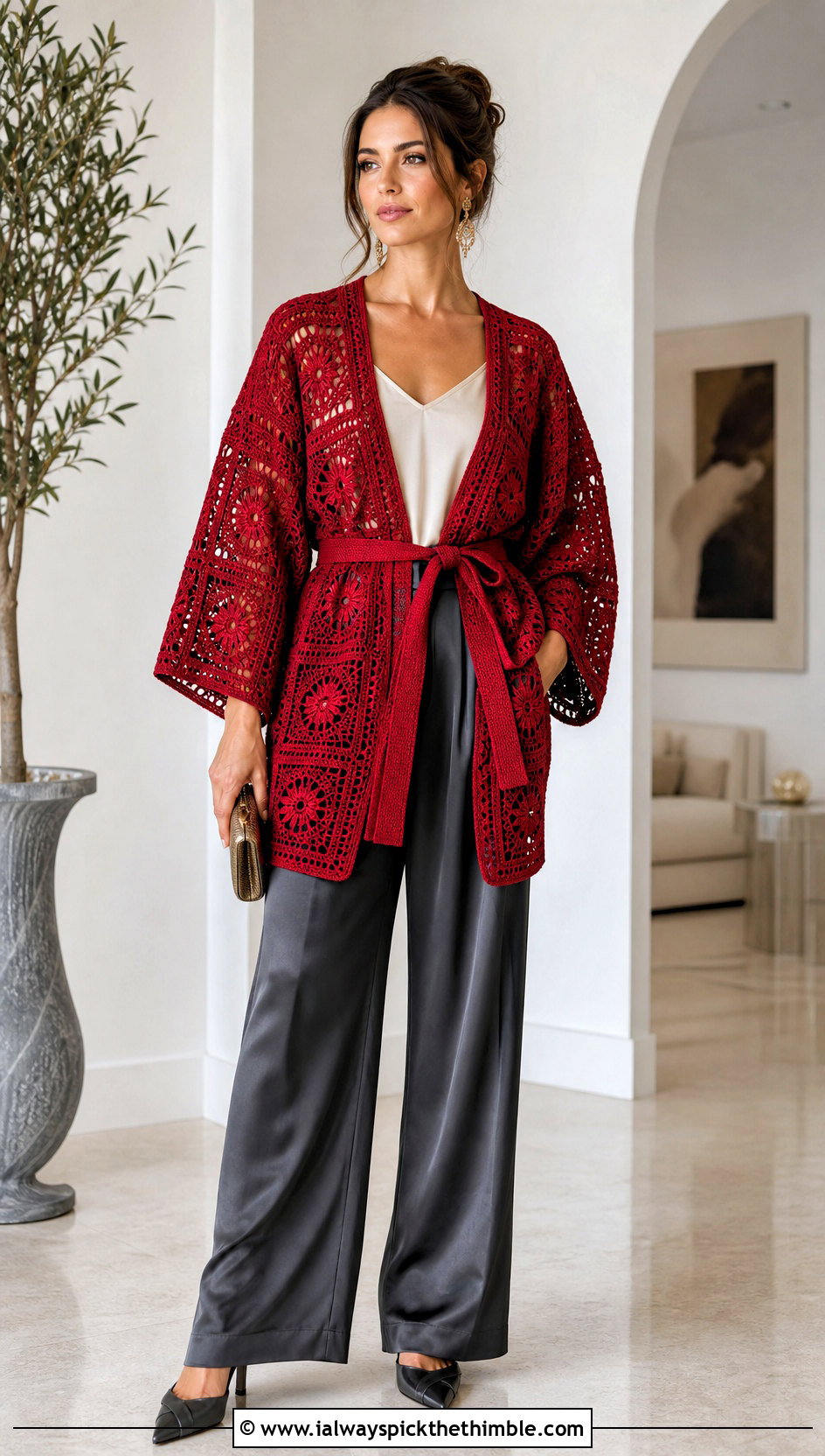 Belted Granny Square Kimono With Satin Trousers - 15 crochet granny square kimono outfit ideas