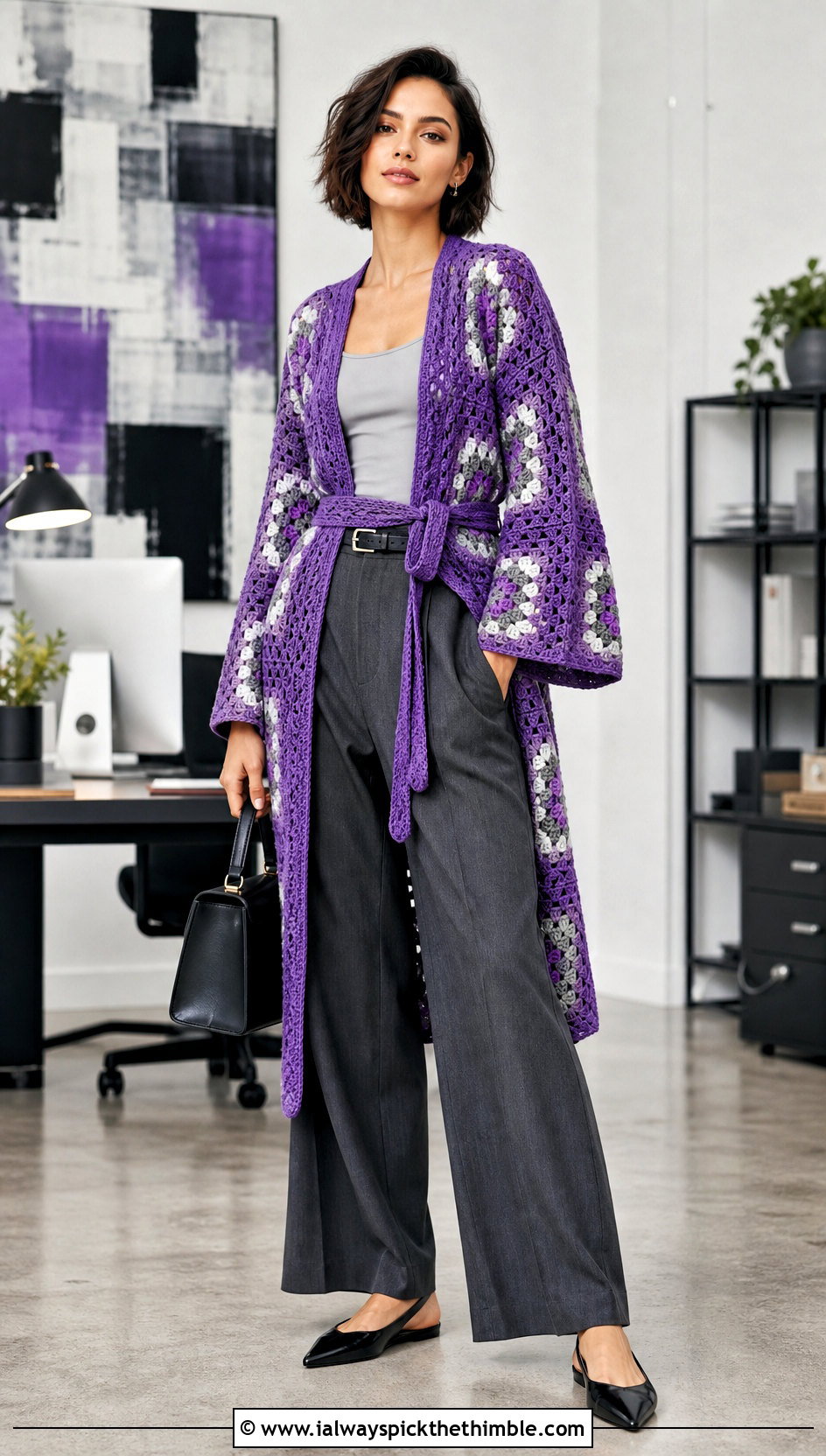 Belted Granny Square Kimono With Tailored Trousers - 20 granny square kimono outfit ideas