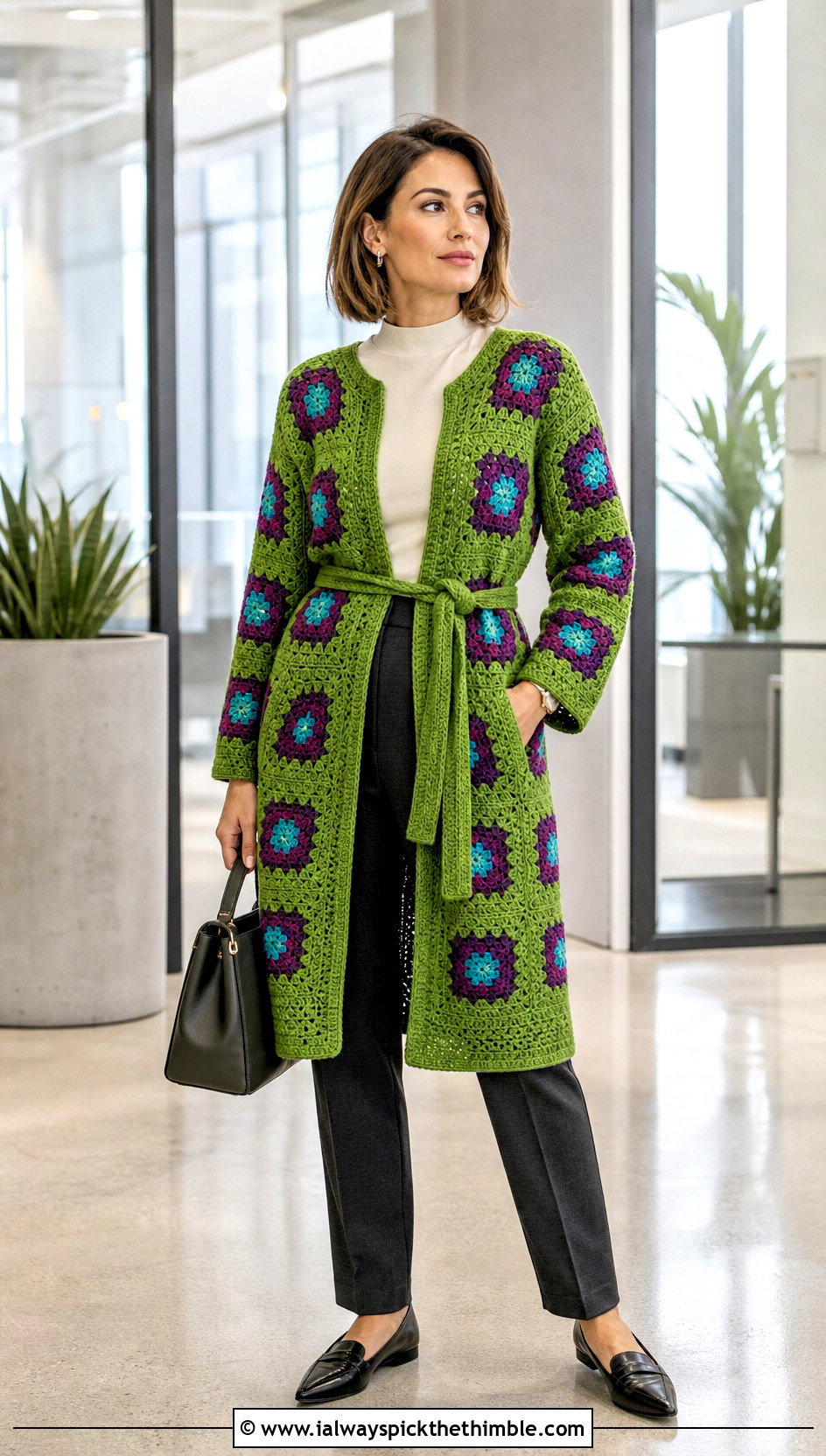 Belted Granny Square Long Cardigan With Tailored Trousers - 25 long granny square cardigan outfit ideas