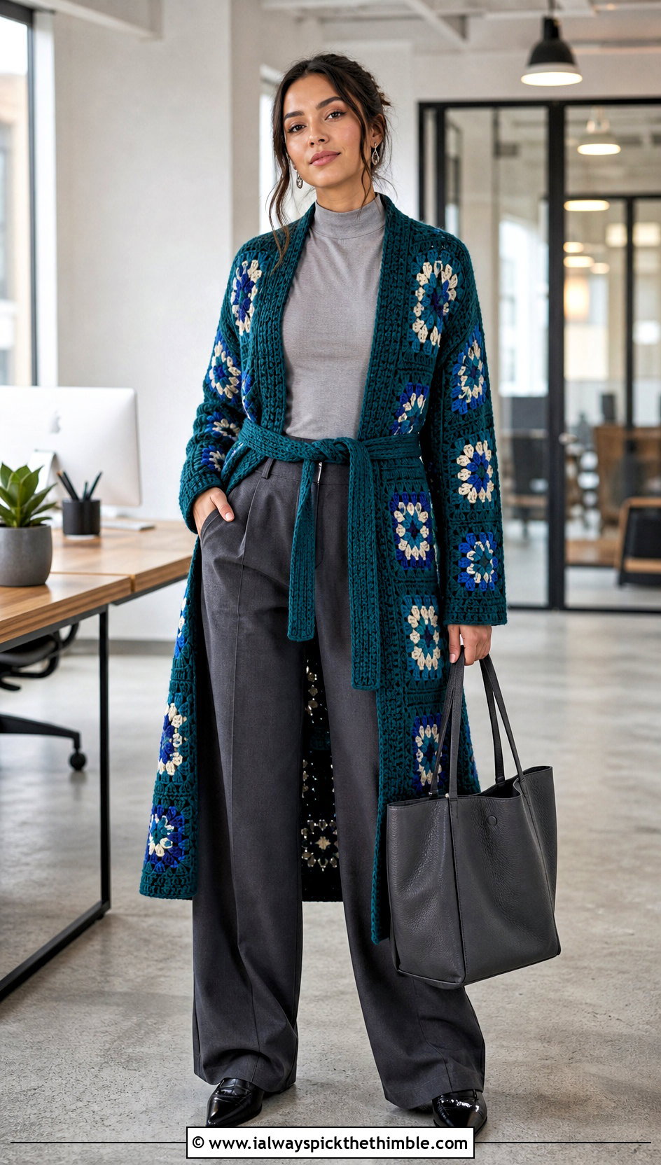 Belted Granny Square Long Cardigan With Wide Leg Trousers - 20 granny square long cardigan outfit ideas