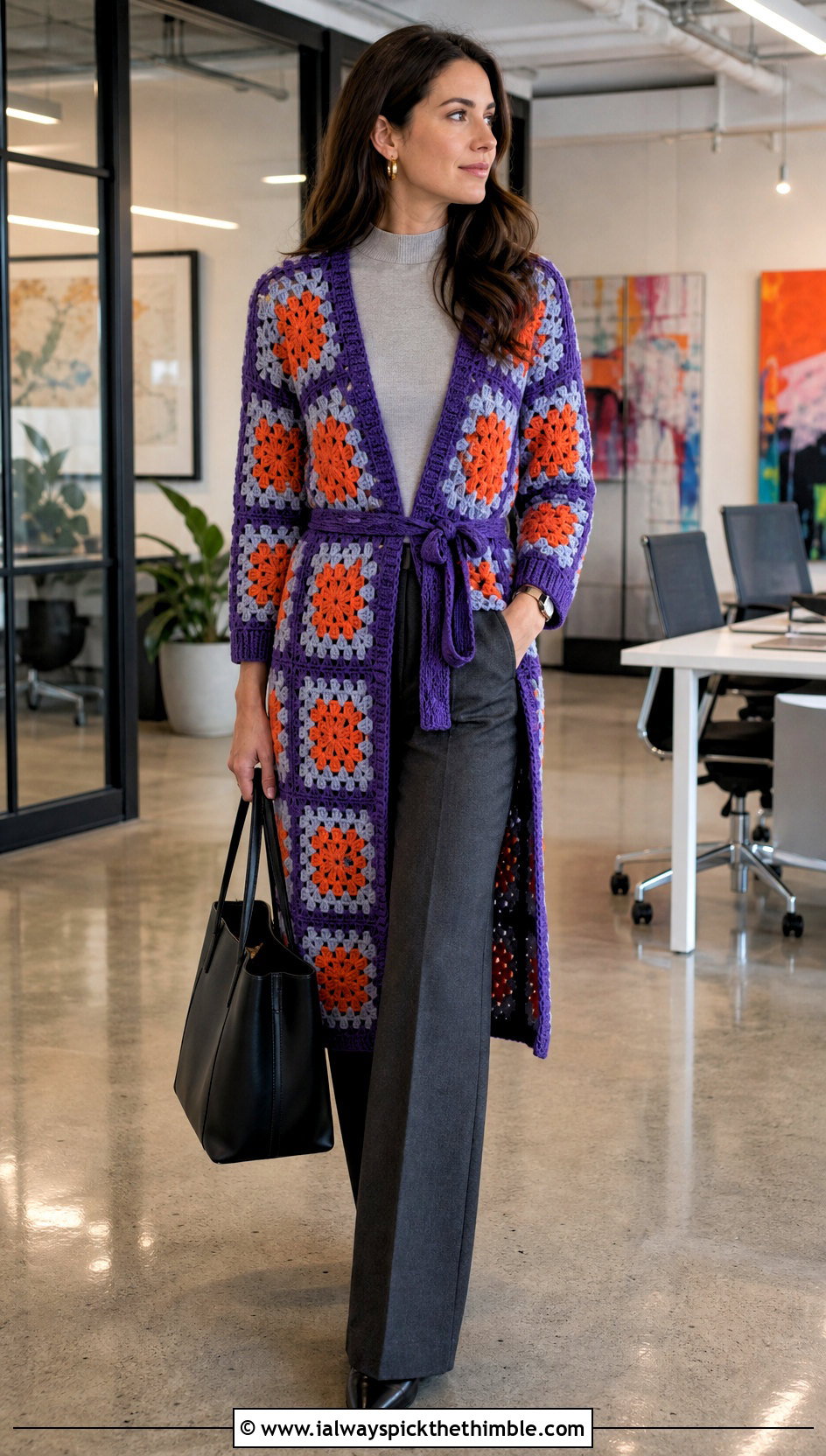 Belted Granny Square Long Cardigan With Wide Leg Trousers - 20 crochet granny square long cardigan outfit ideas