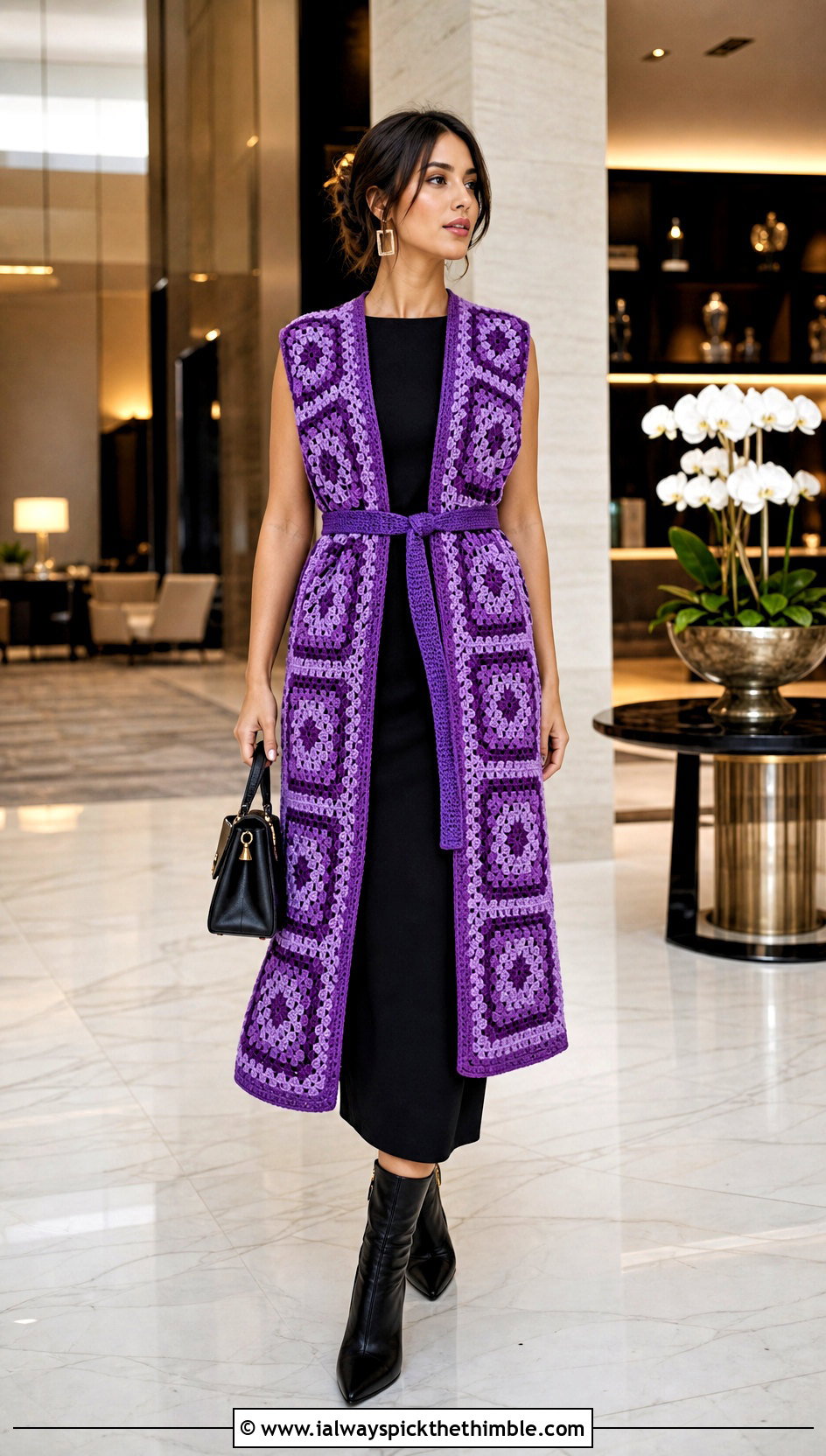 Belted Granny Square Long Vest With Black Column Dress - 20 Granny Square Long Vest outfit ideas