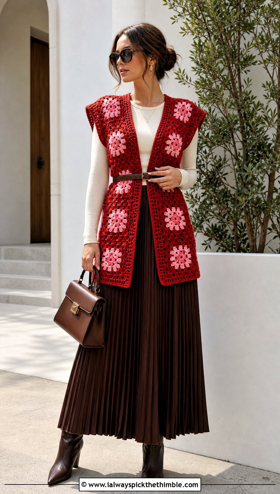 Belted Granny Square Open Vest With Maxi Skirt - 20 granny square open vest outfit ideas