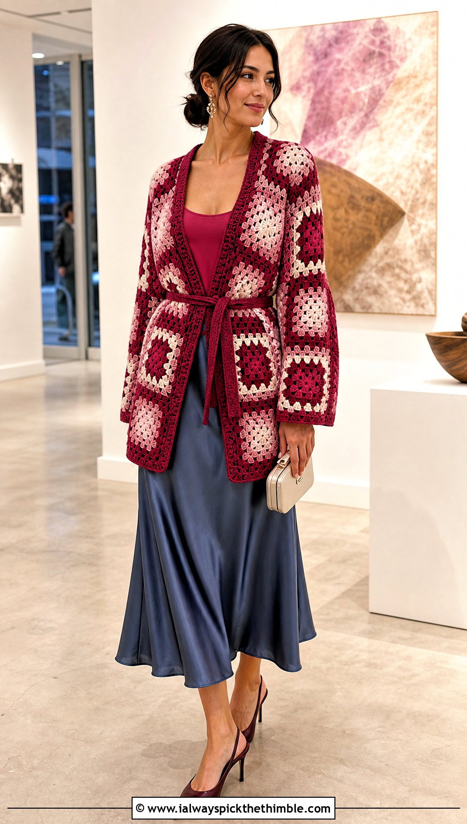 Belted Granny Square Patchwork Cardigan With Satin Midi Skirt - 20 Granny Square Patchwork Cardigan outfit ideas