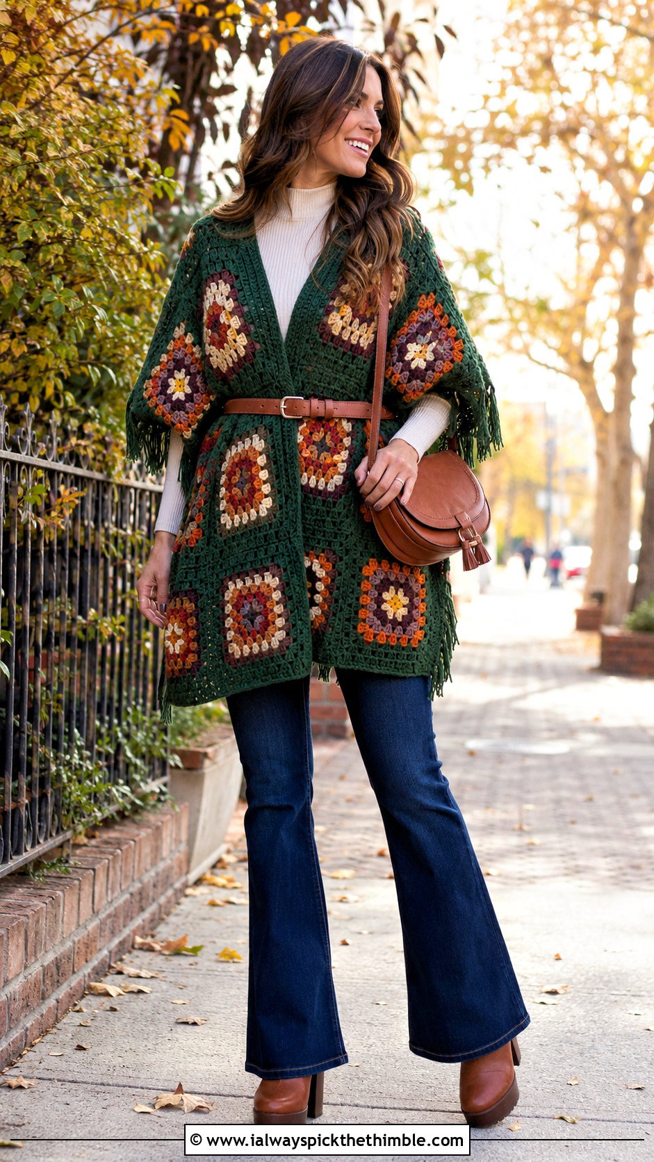 Belted Granny Square Poncho With Flared Jeans - 25 granny square poncho outfit ideas