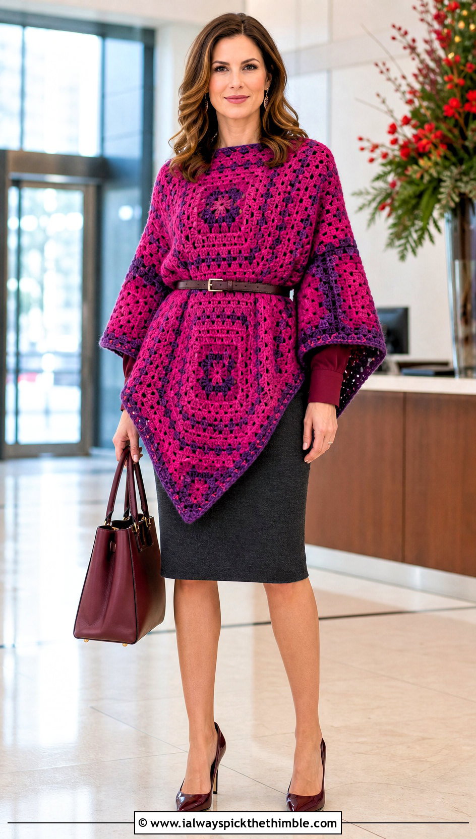 Belted Granny Square Poncho With Pencil Skirt - 25 crochet granny square poncho outfit ideas