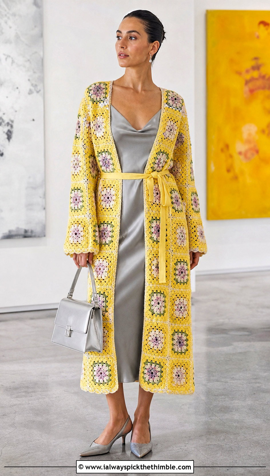 Belted Granny Square Robe With Satin Slip Dress - 20 granny square robe outfit ideas