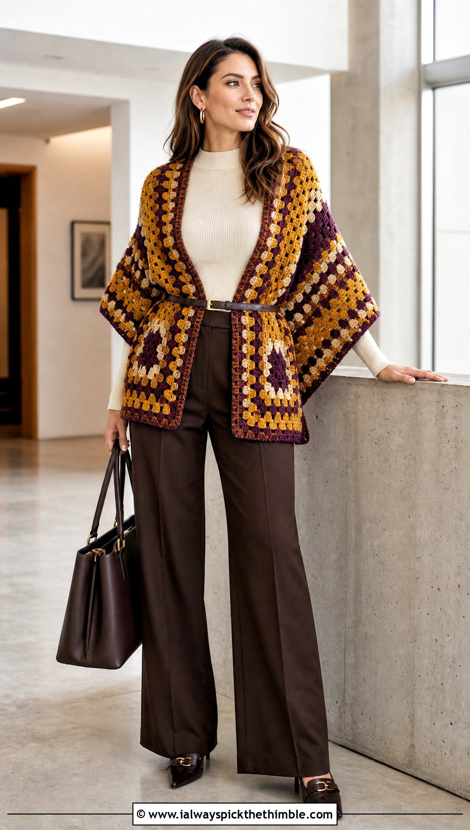 Belted Granny Square Ruana With Tailored Trousers - 20 Granny Square Ruana outfit ideas