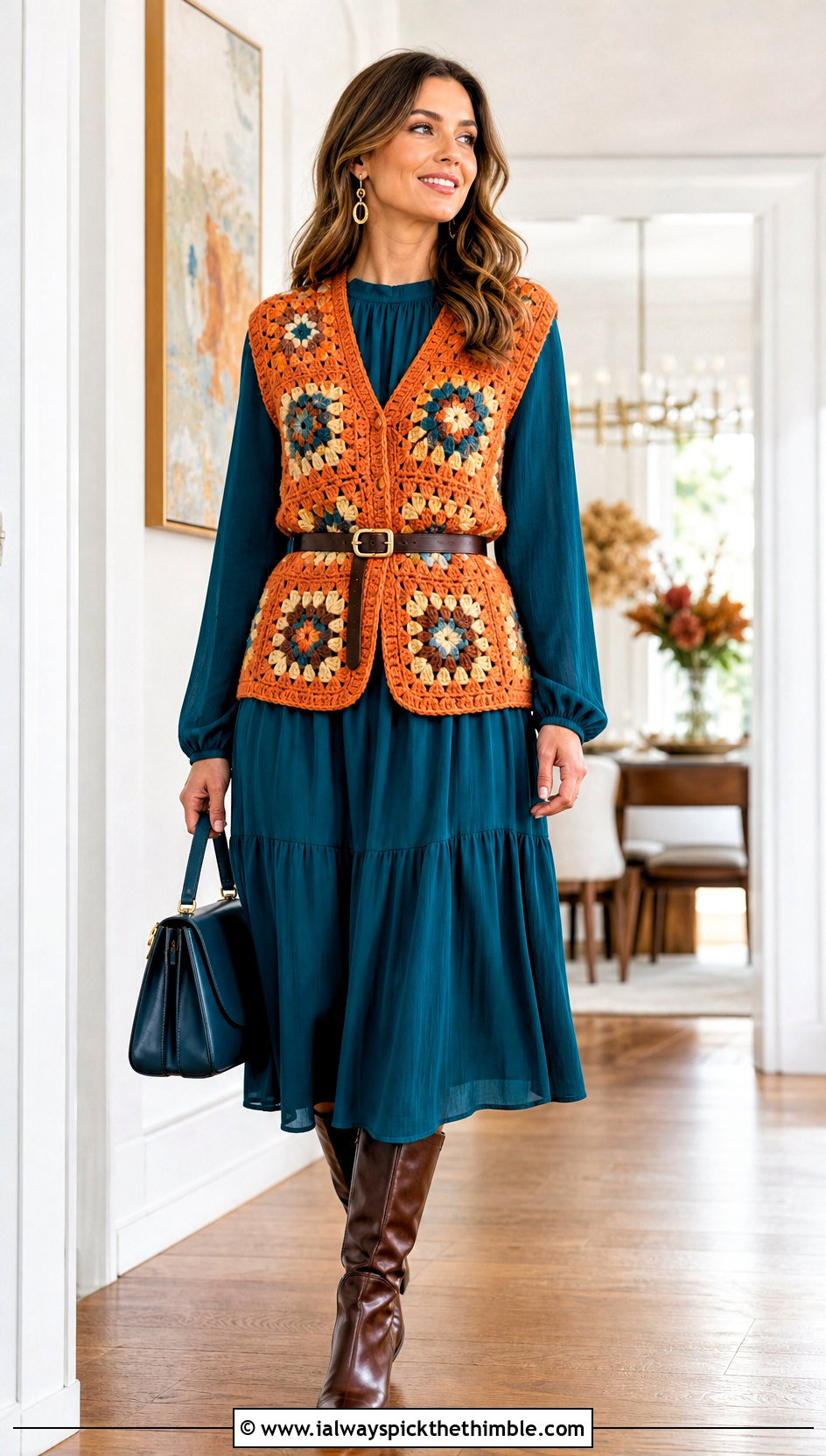 Belted Granny Square Sweater Vest With Midi Dress - 25 granny square sweater vest outfit ideas