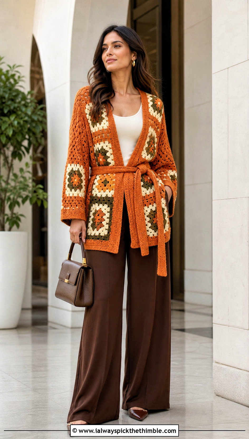 Belted Granny Square Wrap Cardigan With Wide Leg Pants - 25 crochet granny stitch sweater outfit ideas