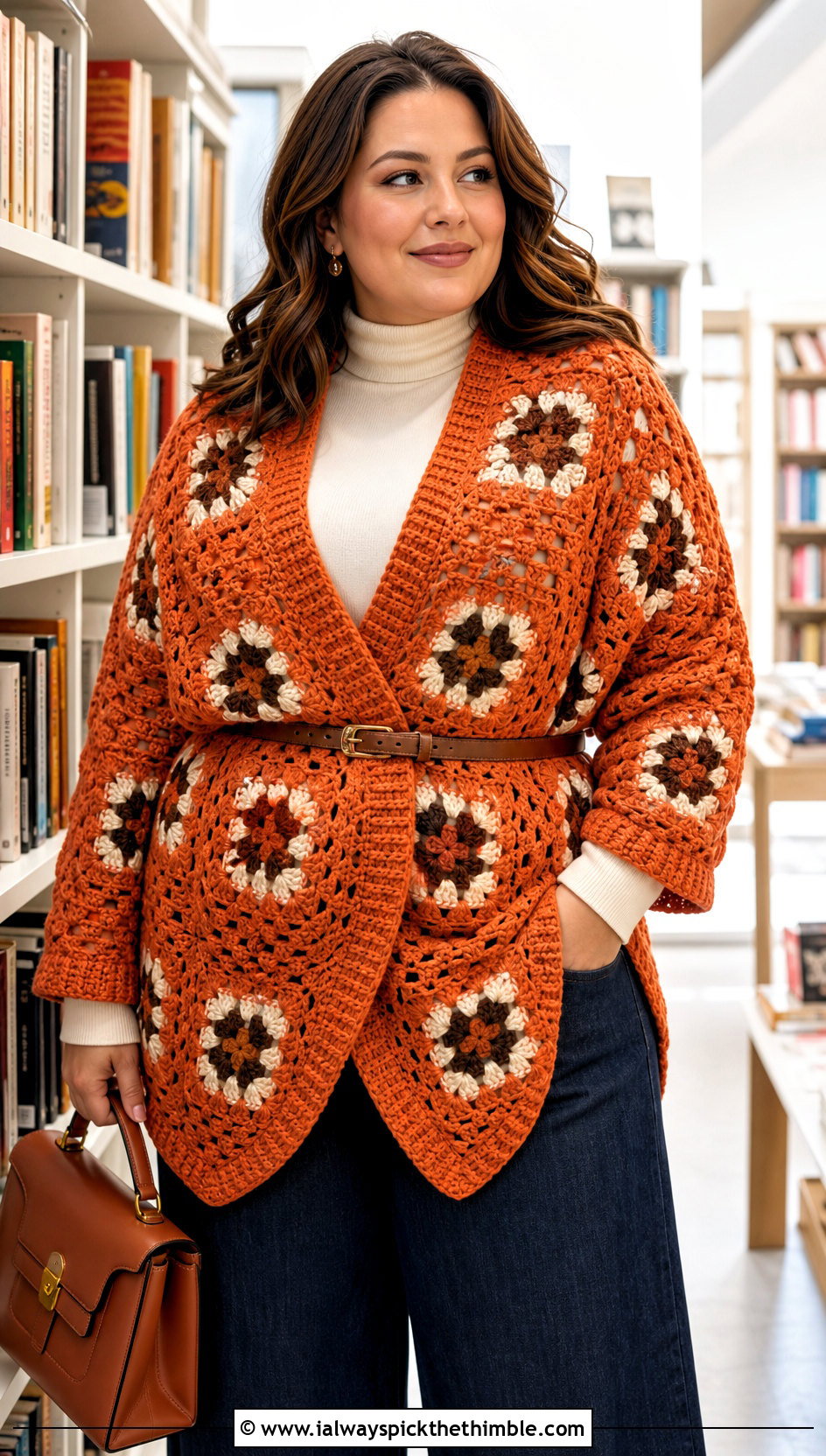 Belted Granny Square Wrap With Wide Leg Jeans - 20 granny square wrap outfit ideas
