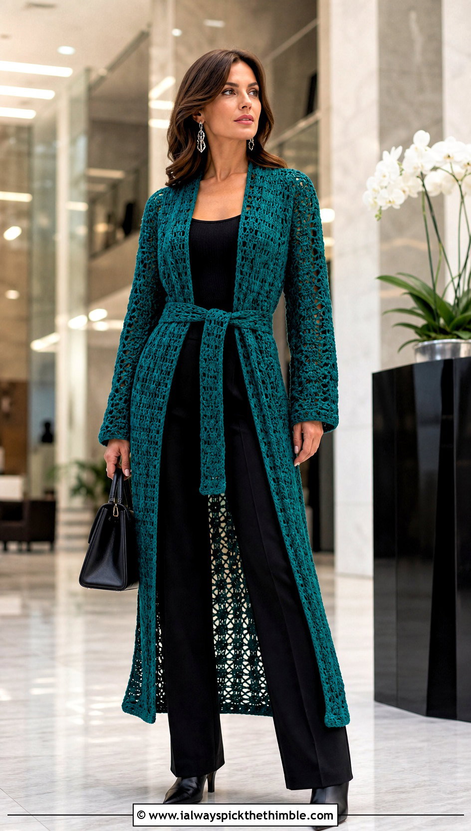 Belted Green Crochet Duster Cardigan With a Monochrome Outfit - 25 green crochet cardigan outfit ideas