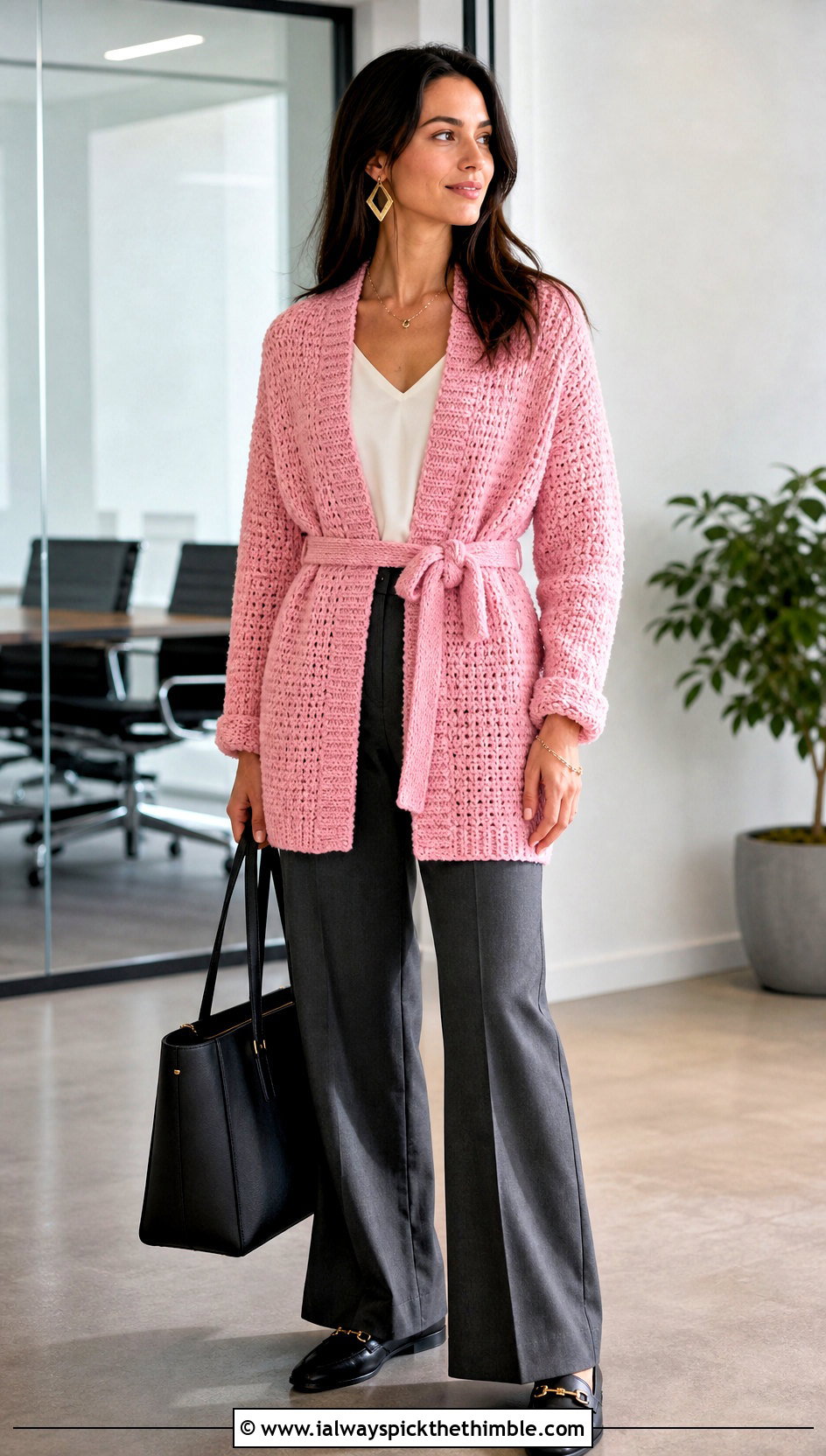 Belted Half Double Crochet Cardigan With Tailored Trousers - 20 Half Double Crochet Cardigan outfit ideas