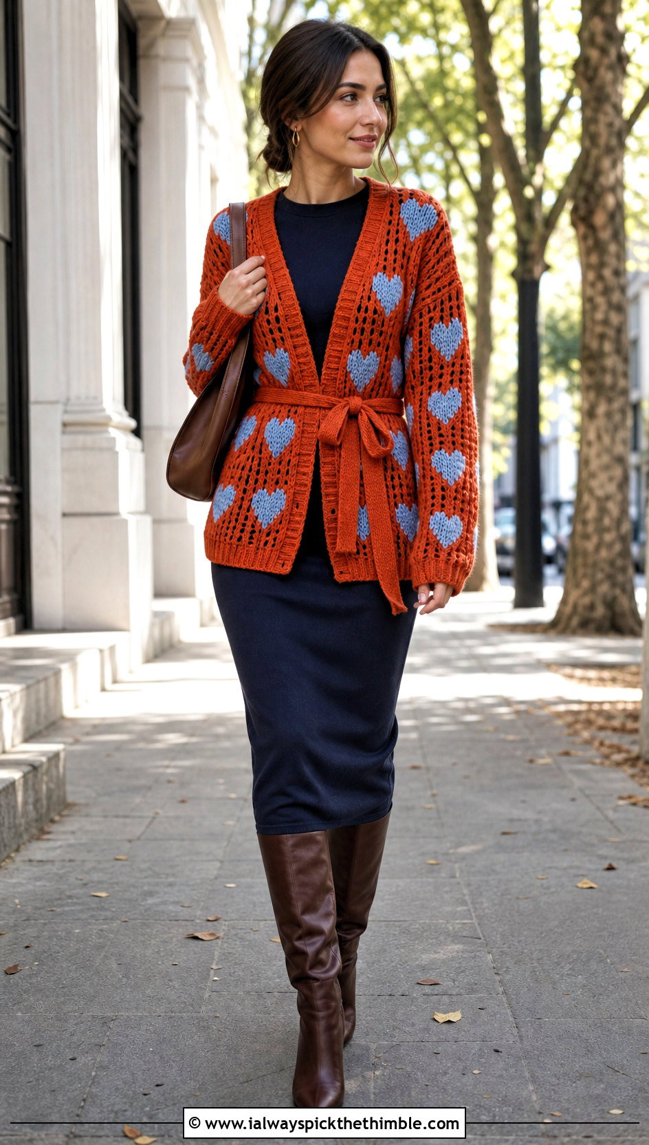 Belted Heart Cardigan With Knit Dress - 25 crochet heart cardigan outfit ideas