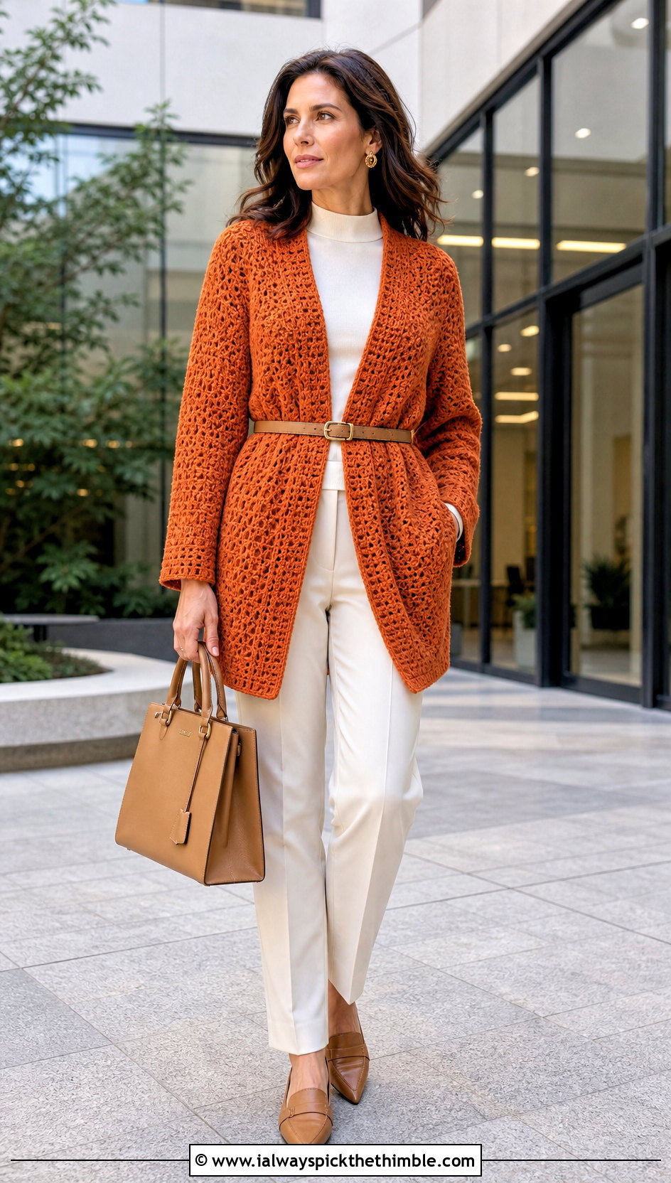 Belted Hex Crochet Cardigan With Monochrome Separates - 25 hex crochet cardigan outfit ideas